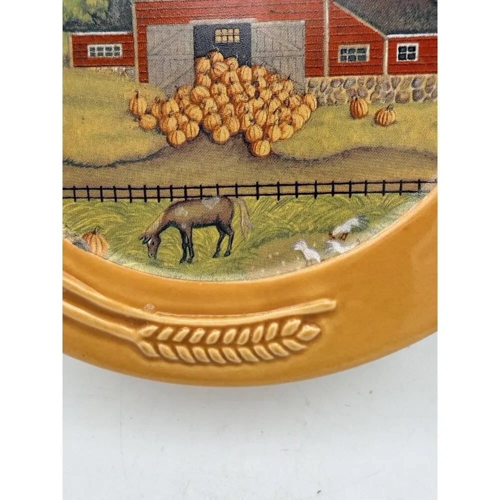 Ceramic Decorative trivet Farm Scene Pumpkin Patch Brown Multicolor Round Glossy